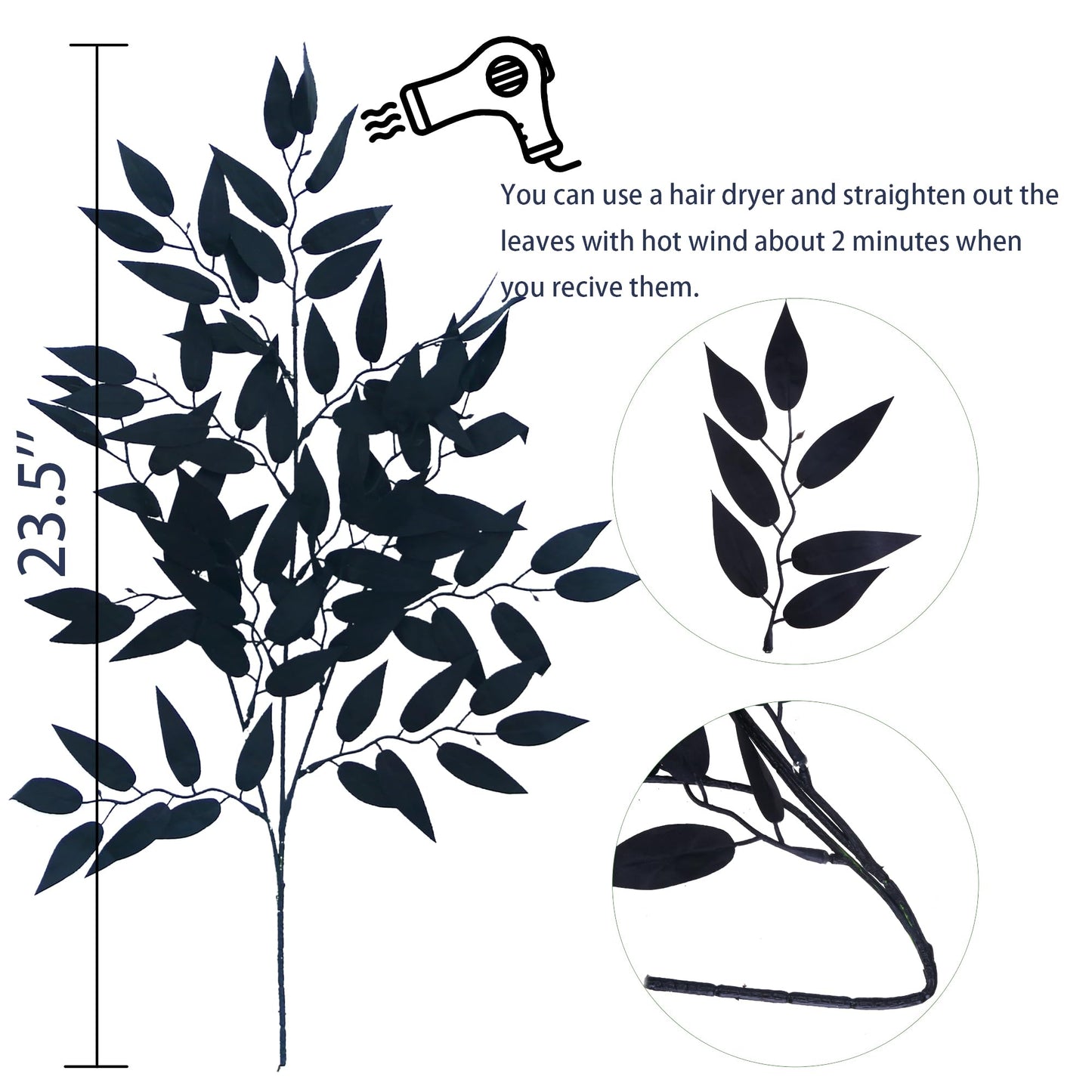 GREENTIME 6 Pack Artificial Black Italian Ruscus Stems 23.5'' Faux Halloween Leaf Bouquet for Vase Fireplace Table Centerpiece Decor