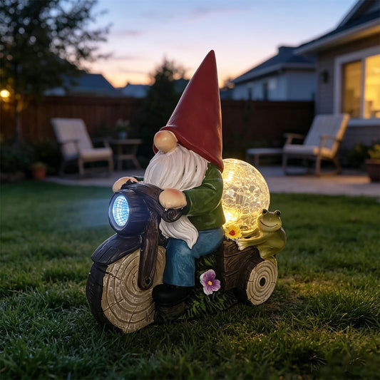 SAMPU Craft Solar Powered Garden Gnome on Motorcycle with Frog and Crackle Glass Globe, Outdoor LED Light Decor for Patio, Lawn, Yard, and Garden (Red)