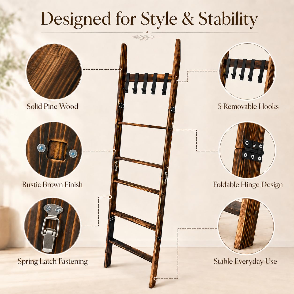 HAOIOKSC Blanket Ladder with 5 Removable Hooks, 67 Inch 6-Tier Wooden Blanket Rack, Rustic Brown Towel Ladder, Decorative Quilt Rack for Living Room Bedroom Bathroom Farmhouse Decor