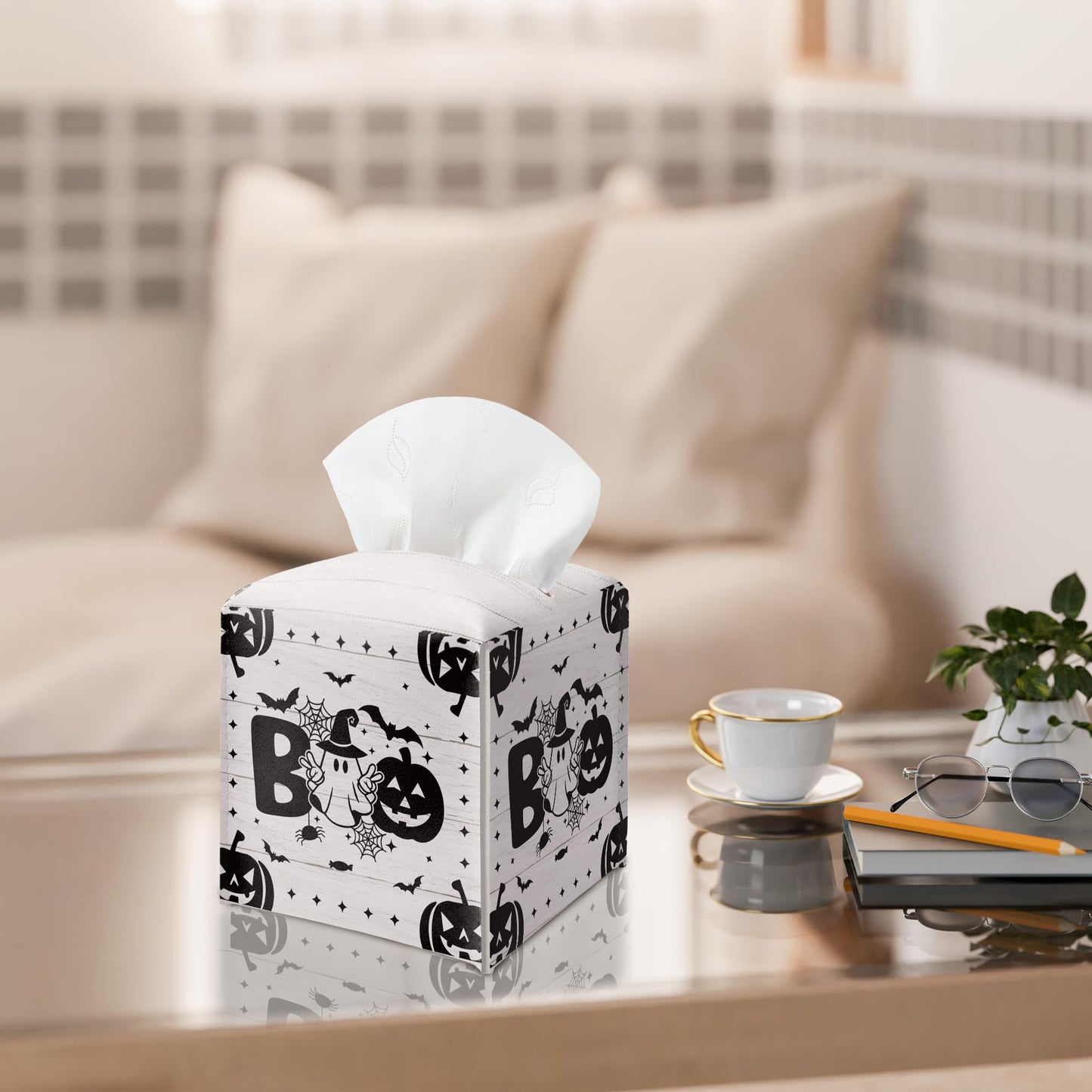 Boo Halloween Tissue Box Holder, Black Spooky Pumpkin Leather Tissue Box Cover Square, Horror Facial Paper Organizer Dispenser Toilet Paper Holder for Bathroom Kitchen Office Home Decor-A11