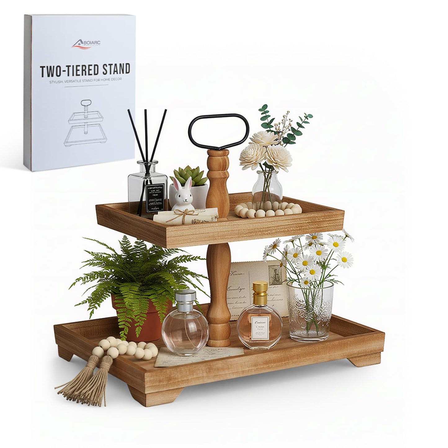 Boiarc Rustic Wooden 2 Tiered Tray Stand, Farmhouse Tiered Serving Tray Decor, Rectangle Wood Display Stands for Food Fruits Cupcake and Seasonal Festive Decorations (Brown)