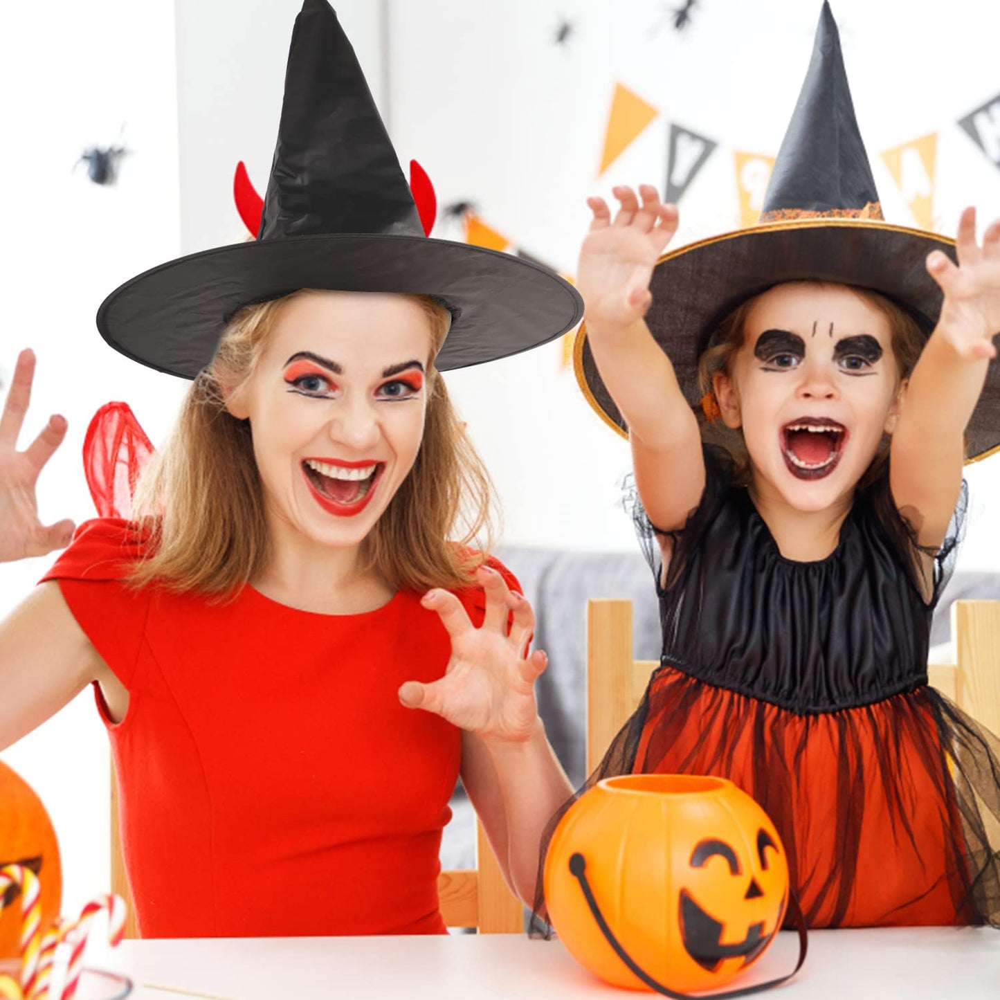 CCINEE 12 Pcs Halloween Decoration Witch Hats, Bulk Hanging Witch Costume Caps Accessories with 120 Pcs Bat Wall Stickers for Halloween Themed Party Yard Decoration