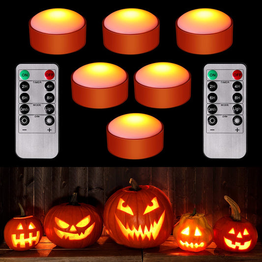 Riakrum 6 Pieces Halloween Remote Timer LED Lights with Remote Summer Halloween LED Pumpkin Lights Battery Operated Lantern Bright Flameless Candle(Orange)