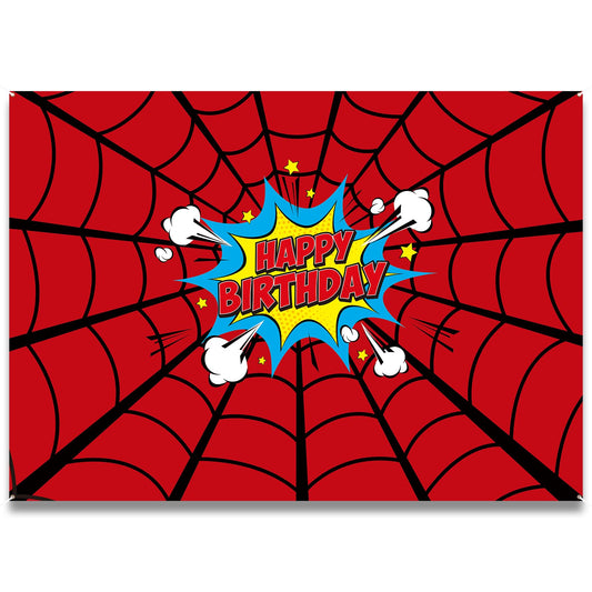 Boao 5 x 4 ft Spider Web Happy Birthday Banner Backdrop Large Heros Themed Party Background Photo Booth Props for Boys Birthday Party Baby Shower Photography Decorations Supplies
