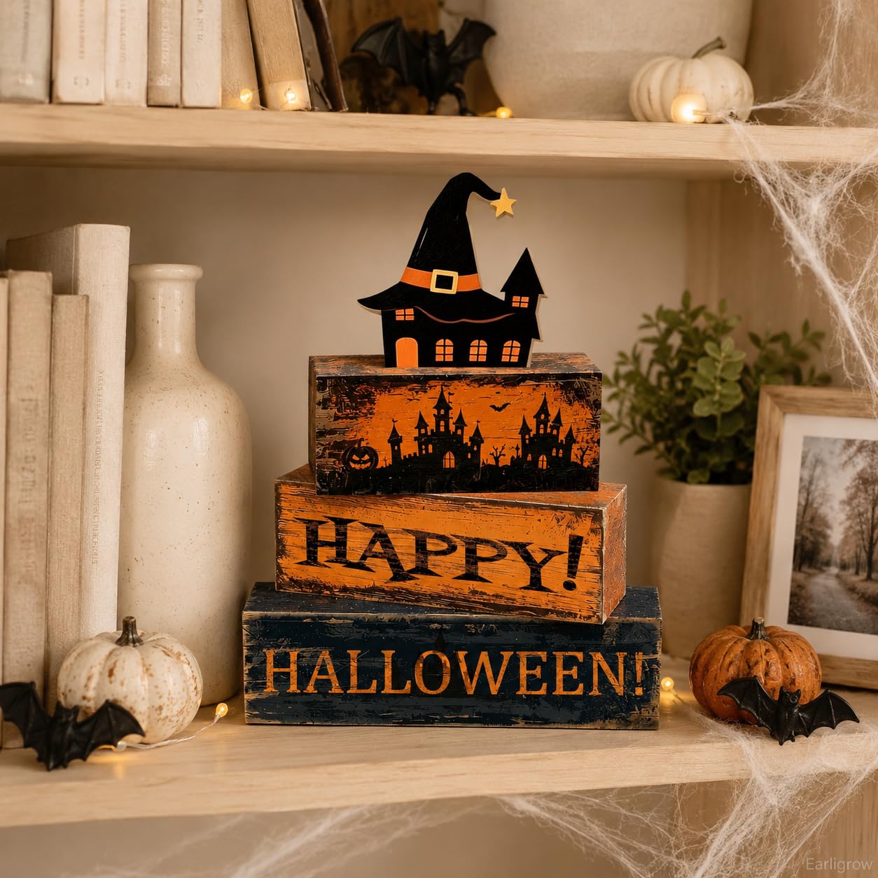 4 Pcs Halloween Table Decorations Distressed Rustic Farmhouse Tiered Tray Decor Stackable Wooden Block Signs with Hat haunted House Topper, Happy Halloween Tabletop Centerpiece for Home Kitchen Office Mantel Shelf Party