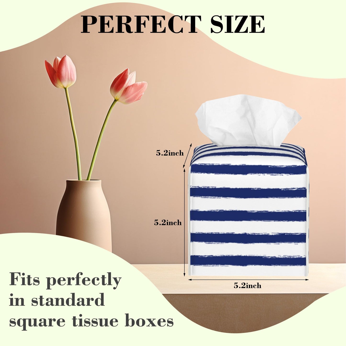 Navy Blue Stripes Tissue Box Cover,Color Horizontal Striped Waterproof Leather Square Tissue Box Cover Case Facial Paper Organizer Dispenser Box Holder for Home Office Bathroom Vanity Countertop