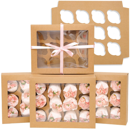 Bakepacker 12 Cupcake Containers 20-Packs Brown 12 Count Cupcake Boxes with Window Cupcakes Carrier, 13"x10"x3.5"（Auto-pop up）