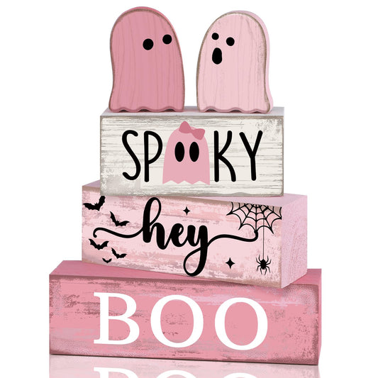 Lineshading 4 Pcs Pink Halloween Decor Ghost Table Decorations Halloween Tiered Tray Decor Farmhouse Ghost Tabletop Centerpiece Rustic Pink Block Sign Gift for Home Kitchen Shelf Office Mantel