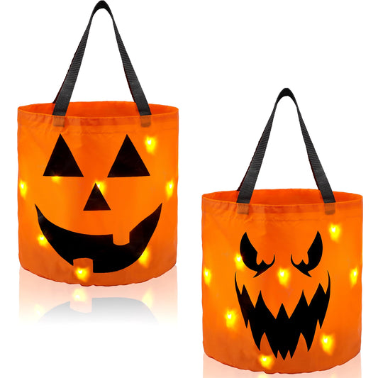 JOYIN 2 PCS Halloween Trick or Treat Bags 10 x 11.8 inches LED Light Orange Pumpkin Buckets Reusable Goody Candy Bucket Trick or Treating, Halloween Birthday Party Favor Supplies