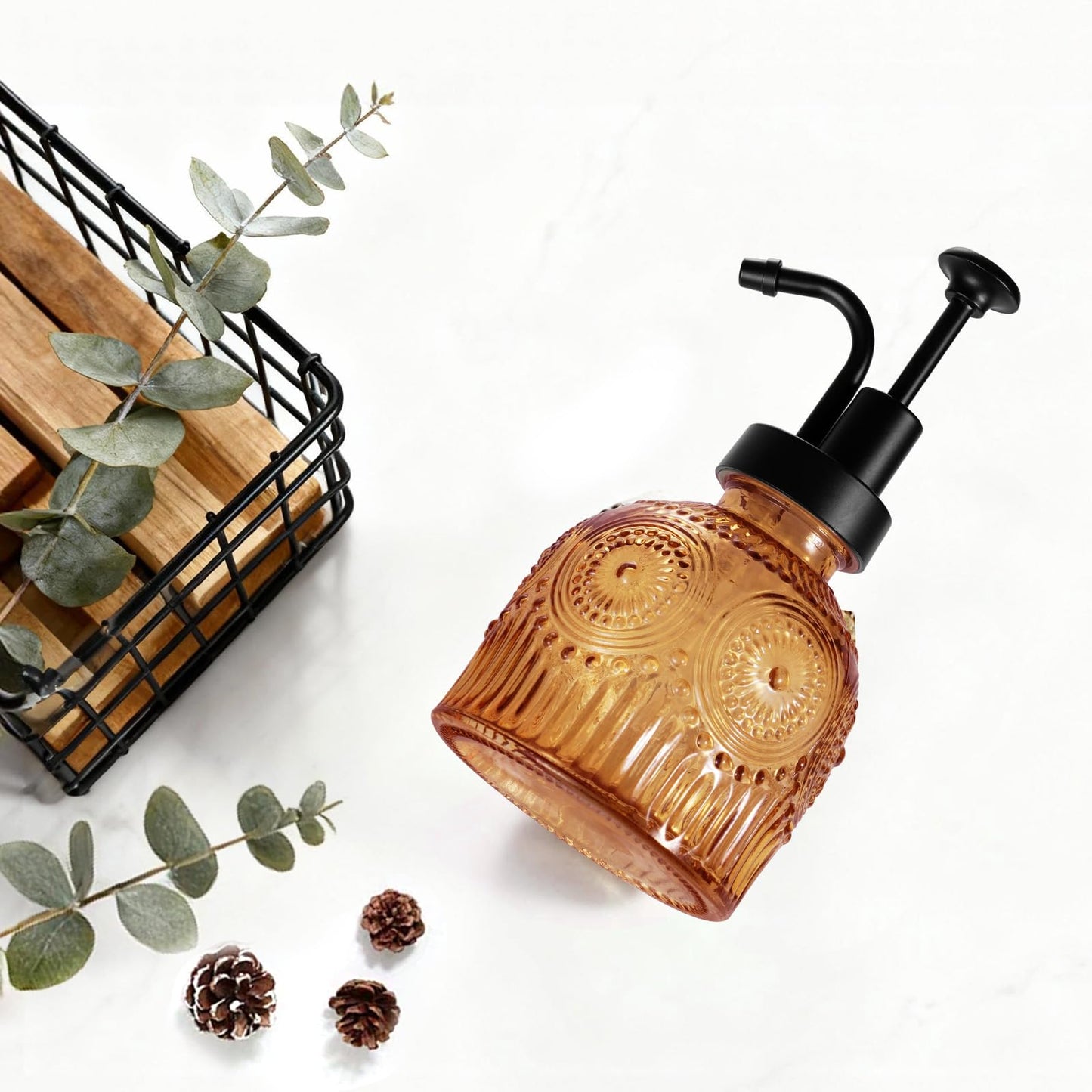 Amolliar 8 Oz Vintage Glass Bathroom Soap Dispensers with Pump, 2 Pack Refillable Kitchen Dish Soap Dispenser with Non-Slip Mat, Antique Rustic Hand Soap Liquid Bottle (Brown-Black Pump)
