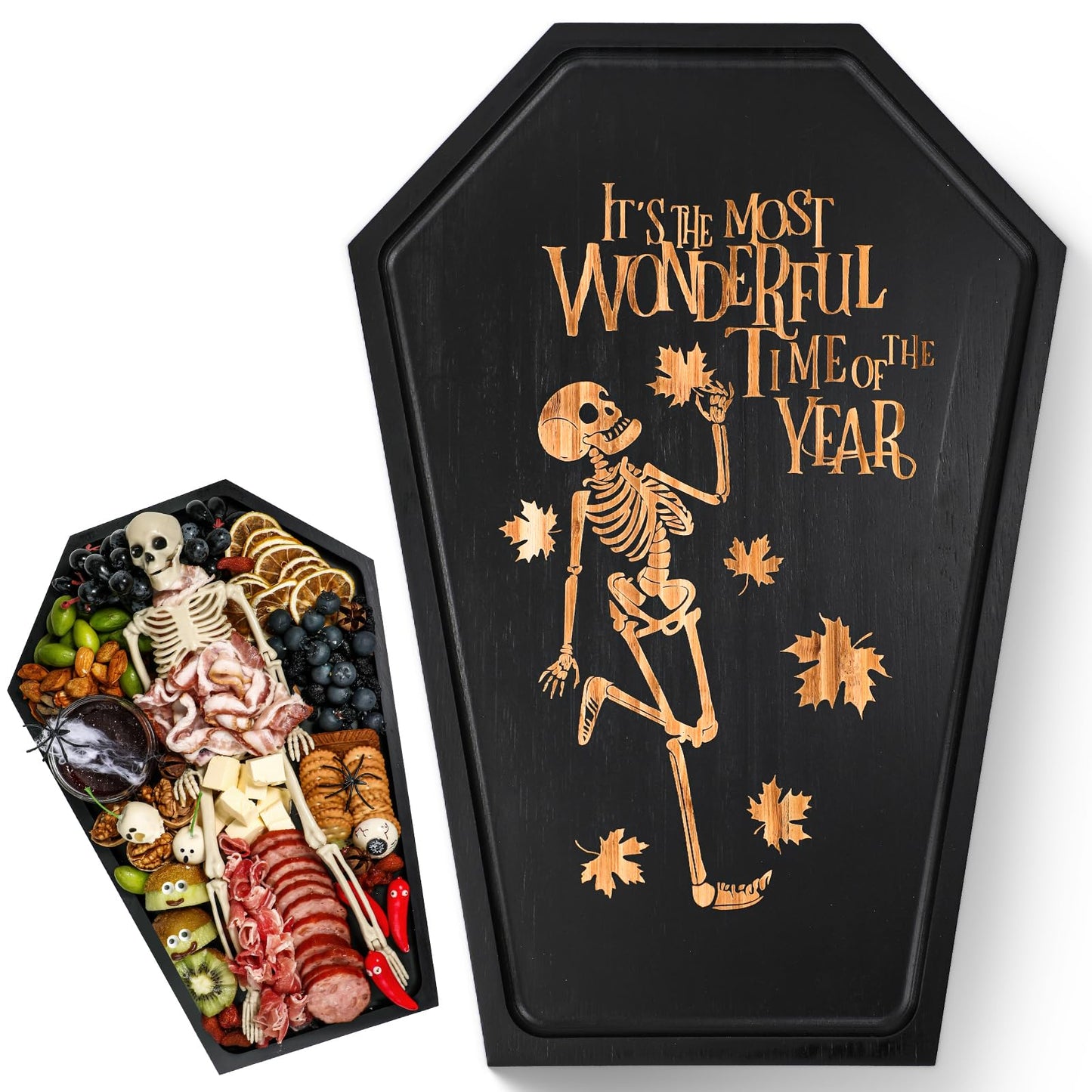 Webake Large Coffin Charcuterie Board - New Skeleton Design, 16.5" x 11.5" Spooky Serving Tray for Ample Food Display, Halloween Wooden Meat & Cheese Board, Perfect Spooky Gothic Decor