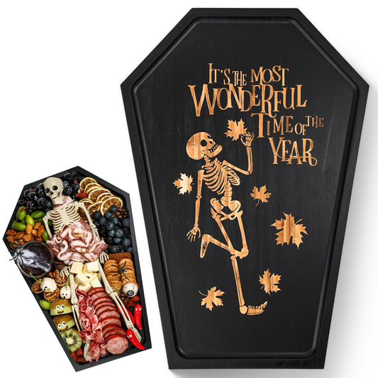 Webake Large Coffin Charcuterie Board - New Skeleton Design, 16.5" x 11.5" Spooky Serving Tray for Ample Food Display, Halloween Wooden Meat & Cheese Board, Perfect Spooky Gothic Decor
