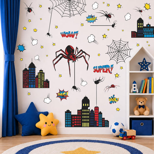 Superhero Wall Decor, Hero City Building Stars Stickers for Kids Boys, 70 Piece UV PVC DIY Removable Reusable Cartoon Stickers for Toddler Nursery, Bedroom, Playroom