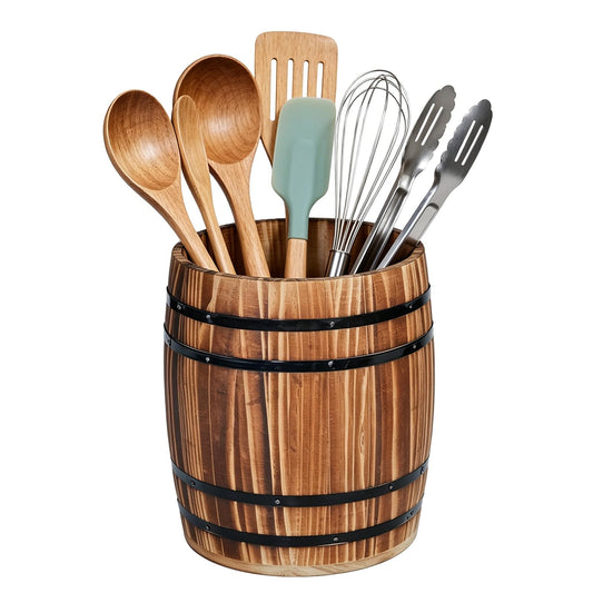 Catheralysia Dark Brown Wooden Utensil Holder, Solid Wood Barrel Shaped Kitchen Utensil Crock, Farmhouse Style Kitchen Storage Bucket, Countertop Cooking Tool Organizer for Home Decor & Gift