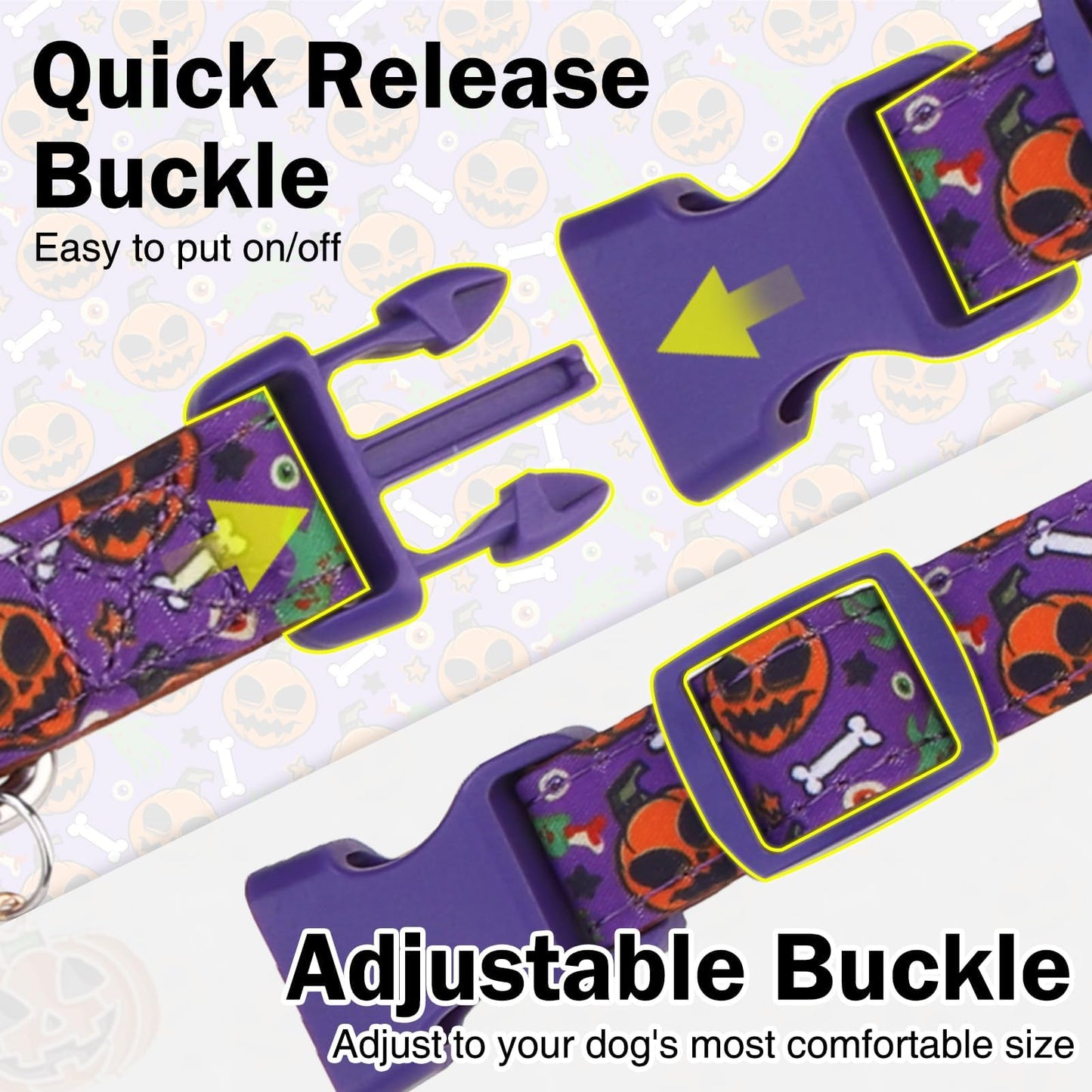 DILLYBUD Small Dog Collar with Bow Tie – Dog Collars for Small Dogs Halloween Ghost Pumpkin Design, Adjustable Detachable Holiday Bowtie Collar with Safety Buckle for Puppy Boy Girl, Neck 10"-15" S