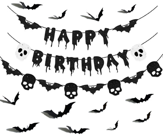 Black Glittery Happy Birthday Halloween Banner Bats Skull 3D Bat Sticker for Horror Birthday Party Decorations Scary Party Decor