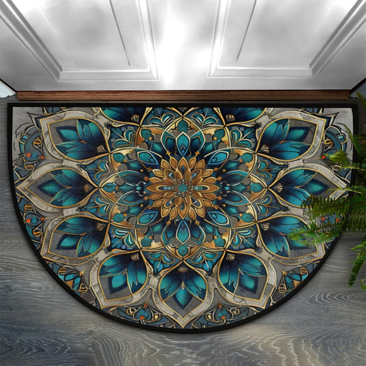 Turquoise Mandala Half Round Door Mat Indoor Entrance Semi Circle Area Rugs