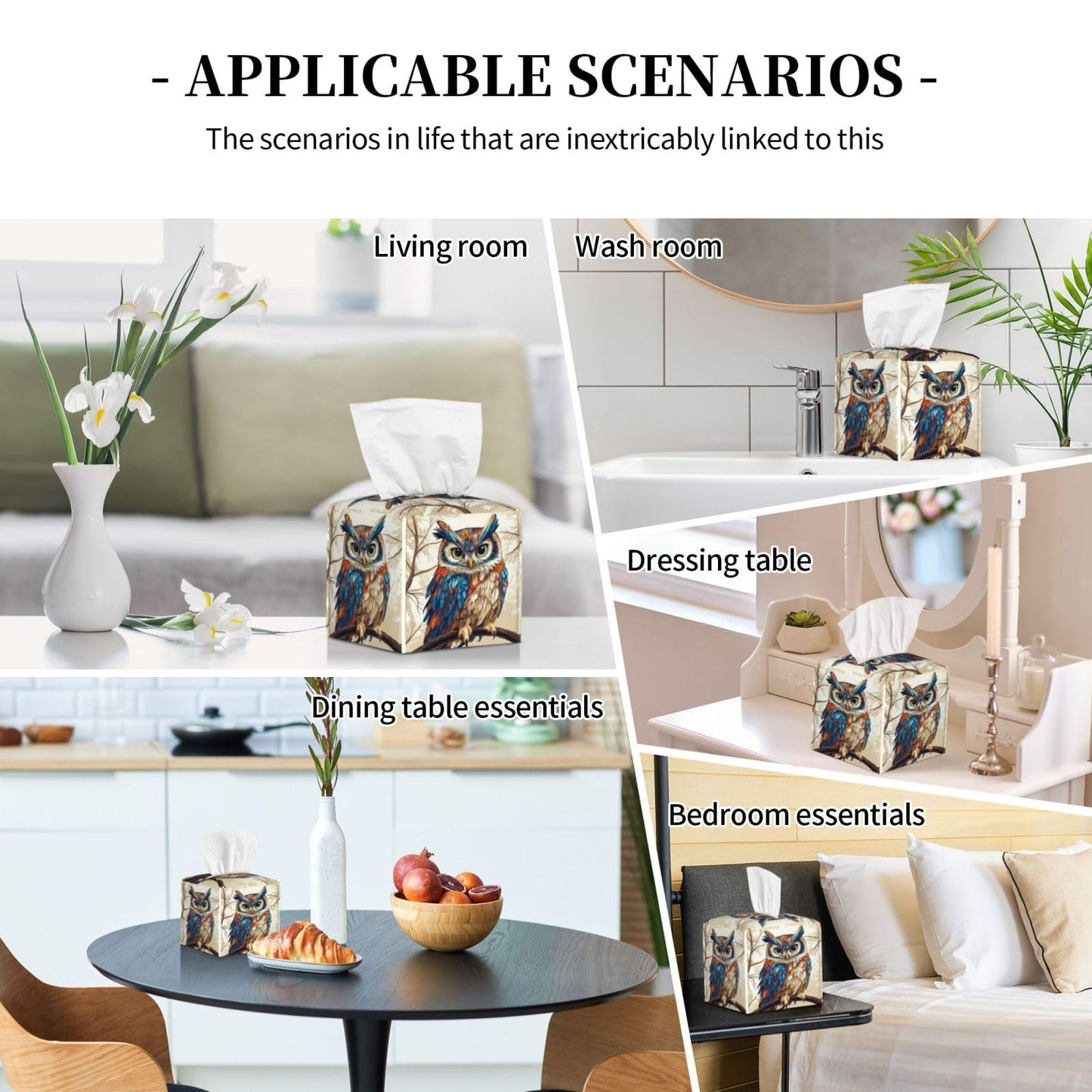 Cute Owl Tissue Box Cover Square, Waterproof Leather Tissue Box Holder Portable Dispenser Modern Home Decoration for Bathroom Car Nightstand Vanity