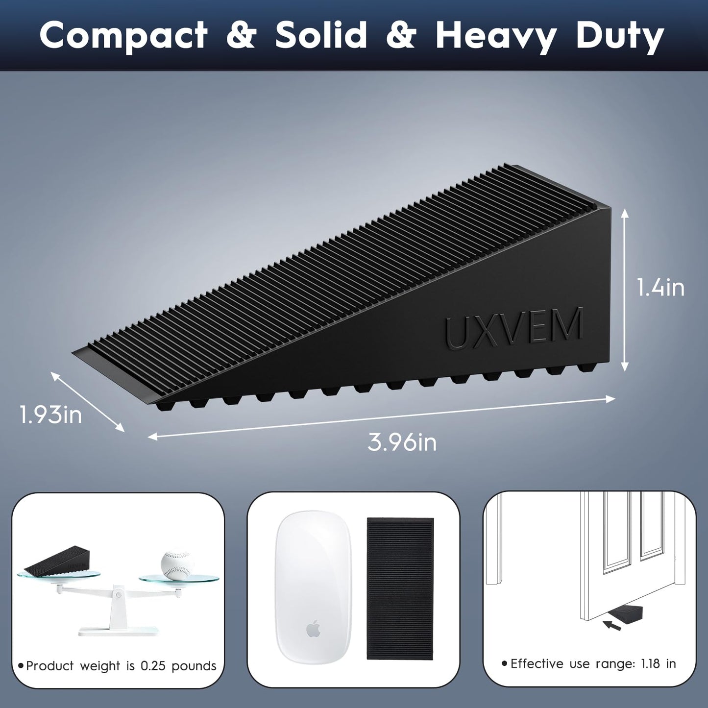 UXVEM 4-Pack Premium Rubber Wedge Door Stops, Solid Heavy-Duty Floor Door Stopper Door Wedges with Patented Anti-Slip Base, No Installation for Home/Office, Non-Scratching, Fits Gaps Under 1.18”