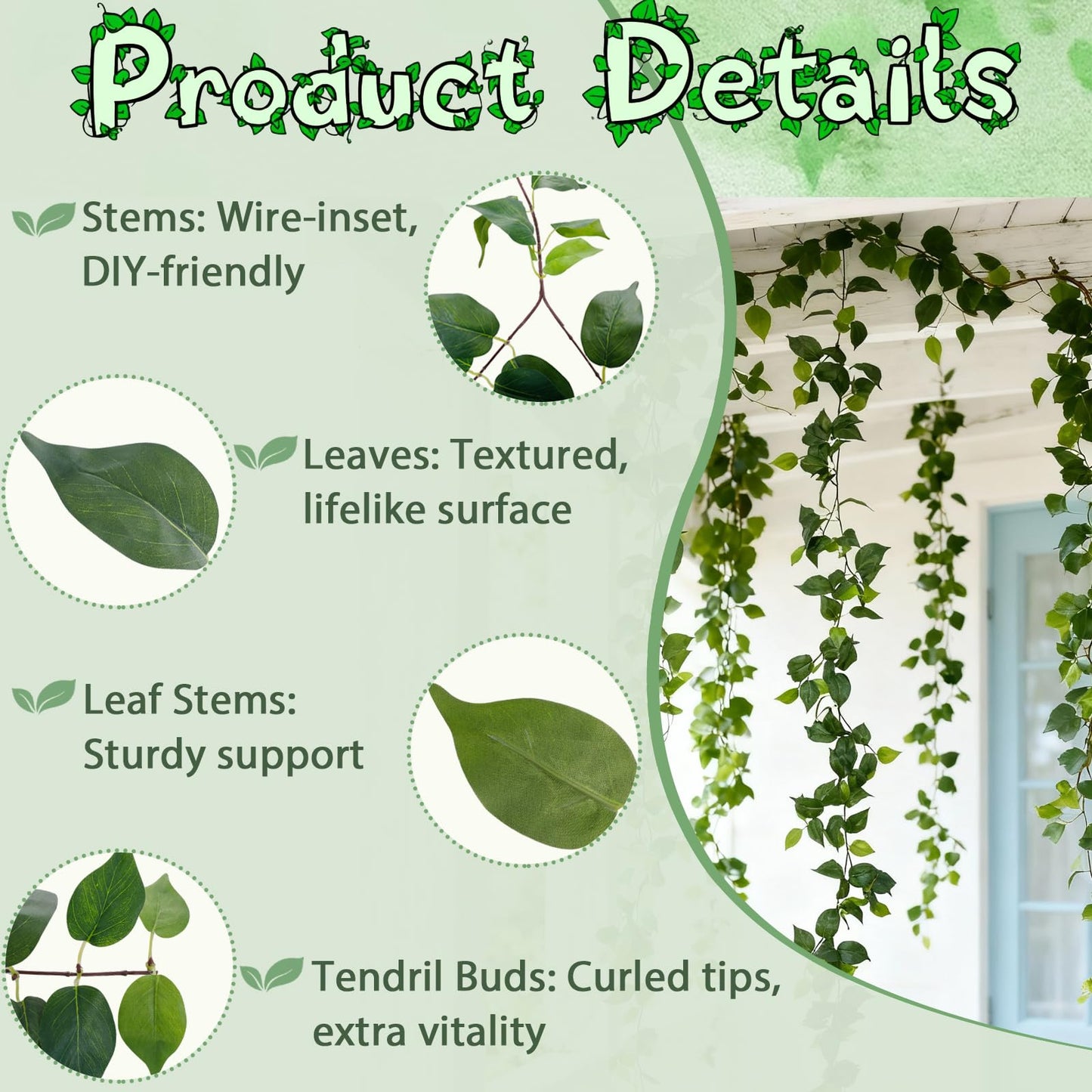 ucky 2Pack Artificial Ivy Artificial Vines Artificial Plants 12FT Fake Hanging Plants Silk for Garden Terrace Beach Party Decoration Wedding Decoration