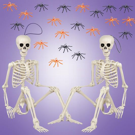 Skeleton Halloween Decorations Party Decor - Yard Indoor Outdoor Decor CyanLim 2Pcs 16” Posable Skeleton with 20pcs Fake Plastic Spiders Party Supplies Favors, Halloween Decoration for Class Office