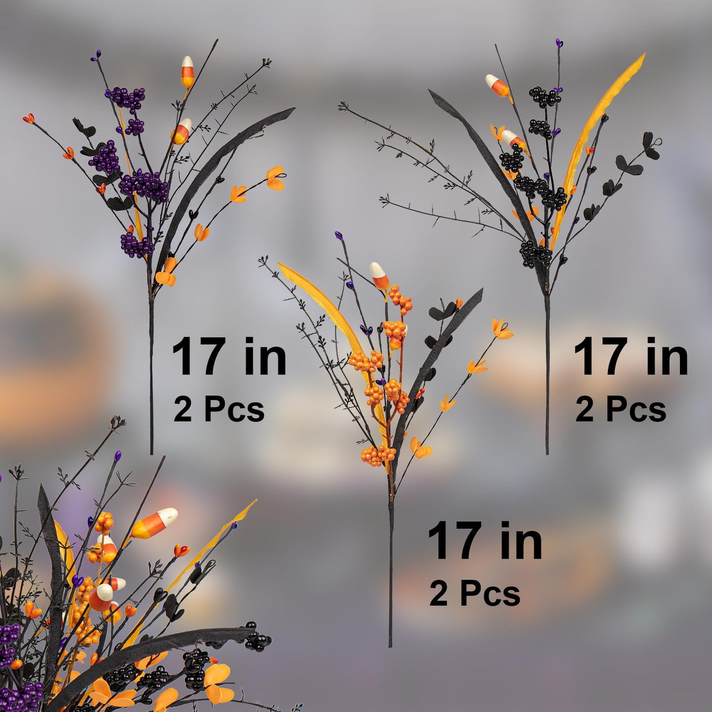 MG MagicGarden 6 Pack Artificial Halloween Floral Picks Purple Orange Black Berry Stems Halloween Tree Branches with Candy for Halloween Party Flower Arrangement Centerpieces