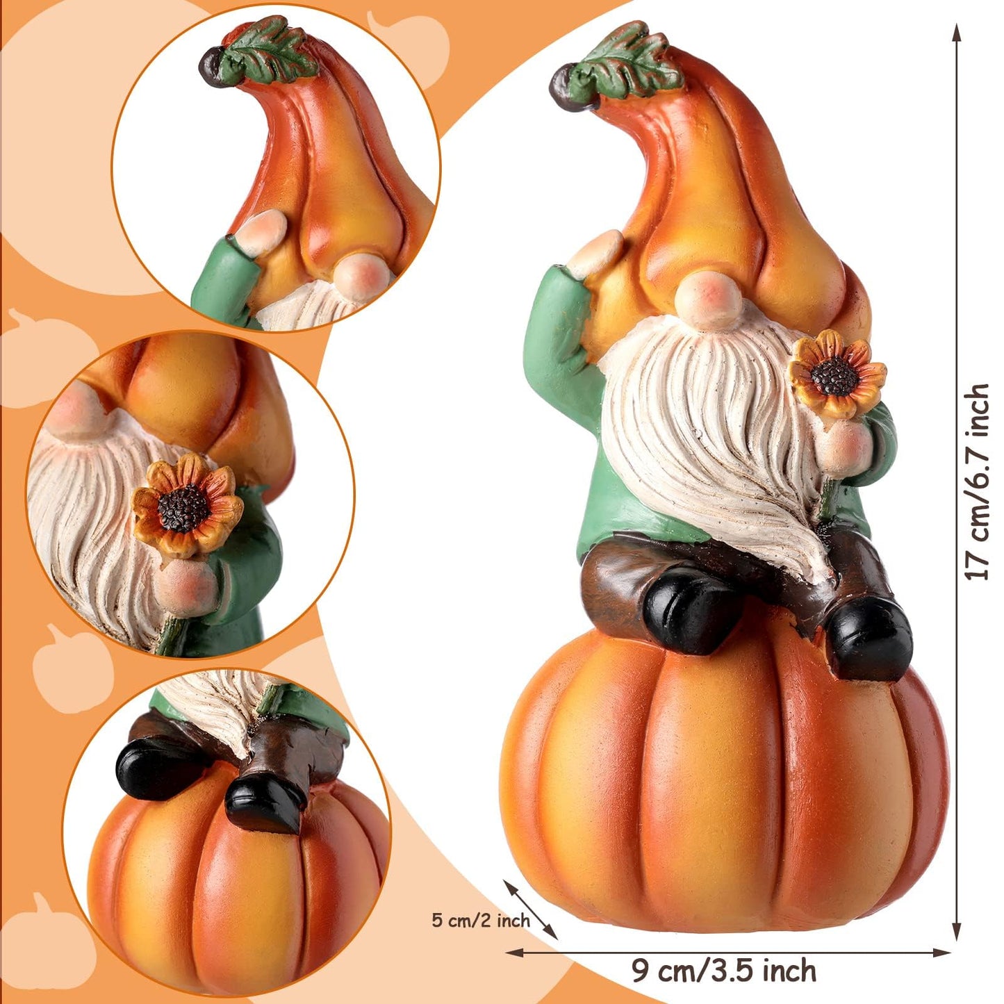 Jetec Fall Thanksgiving Gnome Statue Pumpkin Gnome Decoration White Beard Figurine Autumn Resin Dwarf Elf Statue for Porch Garden Outdoor Yard Fall Thanksgiving Decorations, 6.7 Inch Tall(Cute)