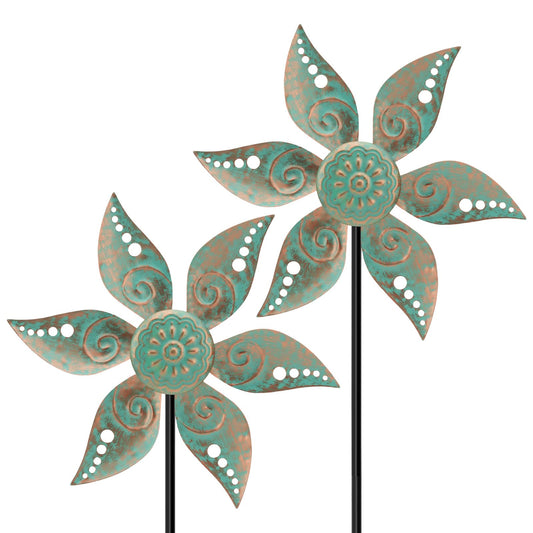 Jusimux 2 Pack Wind Spinners Outdoor Metal Vintage Green, Waterproof Wind Sculptures Garden Pinwheels & Decorative Stakes, Small Windmills for Yard Lawn Patio Outdoor Garden Decor (Type 35)