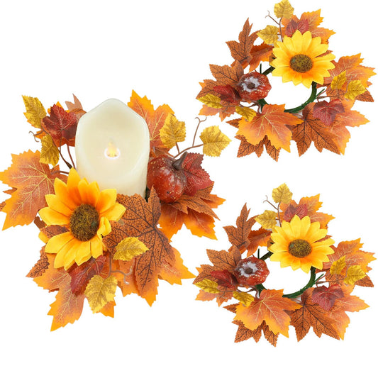 2 Pieces Fall Candle Rings Wreaths, Artificial Flower Maple Leaf Pumpkin Thanksgiving Candle Holders for Party, Thanksgiving Candle Garland Home Table Decorations