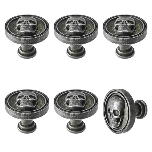 BAMI-LEE House 6PCS Vintage Skull Skeleton Cabinet Knobs - Single Hole Zinc Alloy Drawer Pulls for Kitchen, Wardrobes, Bookcases, Dresser, Closets (Ancient Tin)