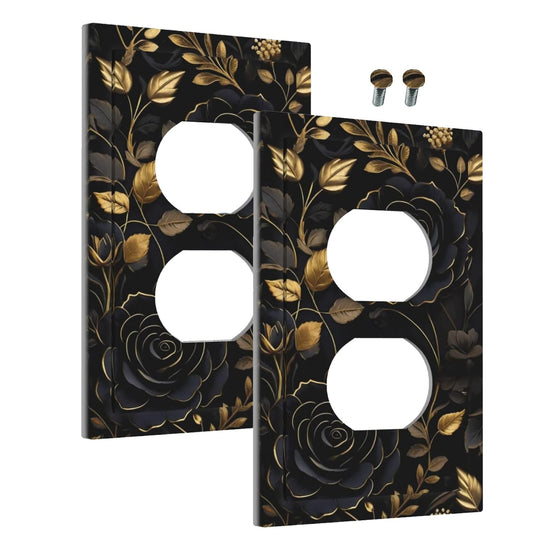 WMHUSU Decorative Outlet Covers Art Big Black Flowers Golden Leaves 1 Gang Wall Plate Receptacle Duplex Light Switch Cover Plate Single Dual Plug Covers Electrical Switchplate Faceplate (2 Pack)