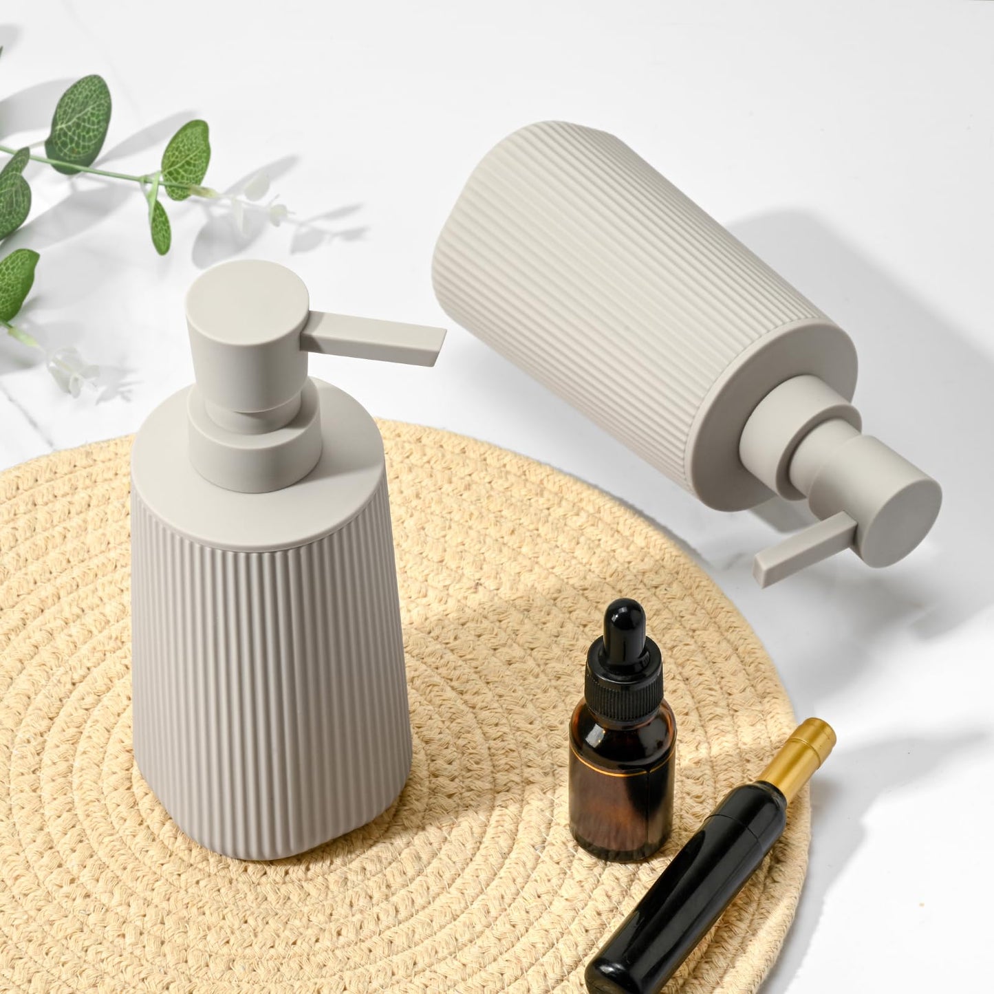 zuxzmj Beige 2 Pack Hand Soap Dispensers Set with No Rust Pump for Bathroom and Kitchen Countertops Refillable Matte Striped Plastic 8.5 oz