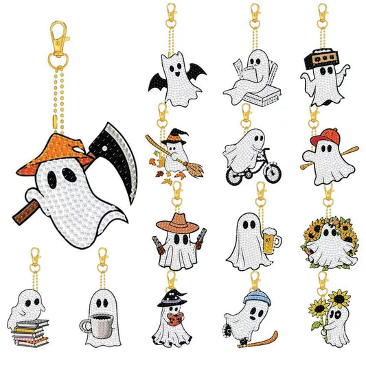 KYOQFVN 15 Pcs Halloween Diamond Painting Key Chains with Color Box, Ghost Diamond Art Keychains for Beginners Adults., DIY Halloween Hanging Decor (Ghost)