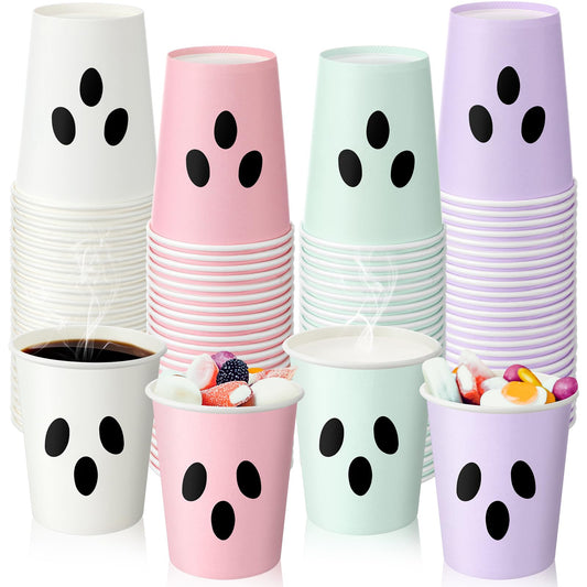 Jingmore 100 Count Summer Halloween Paper Cups 9 oz Disposable Hot/cold Beverage Drinking Cups for Girly Pastel Halloween Party Supplies Decoration(Ghost Face)
