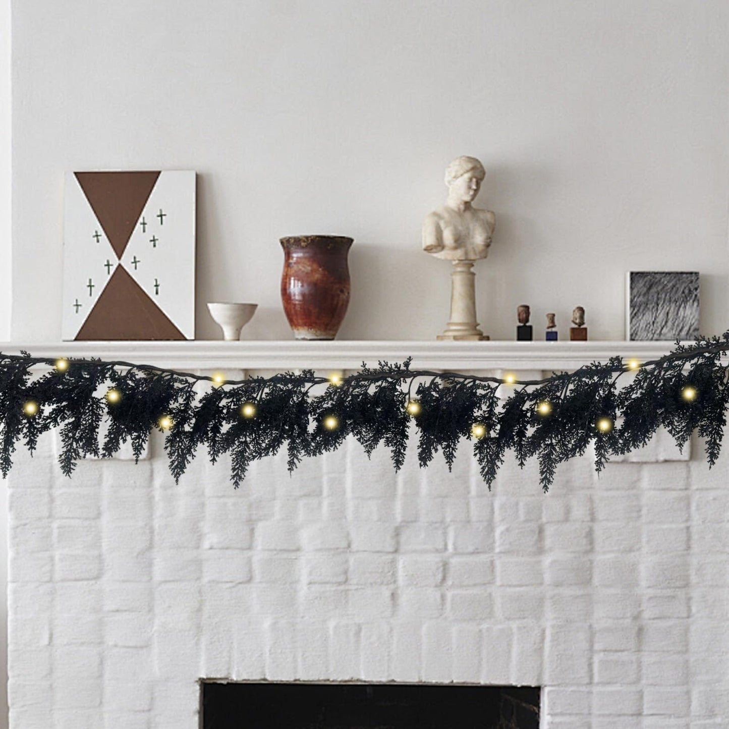 Xyalrax 9 FT Black Halloween Garland,Spooky Halloween Cedar Pine Garland Decoration with LED Light Faux Realistic Artificial Black Hanging Vine Twigs for Mantle Party (Black Halloween Garland)