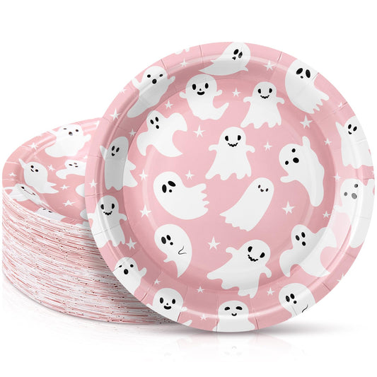 FillTouch 100 Pcs Pink Halloween Ghost Paper Plates 7 Inch Disposable Cake Dessert Dinner Plates for Mexican Independence Day Fiesta Halloween Day of The Dead Party Decorations Supplies(Pink)