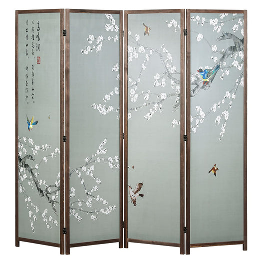 MyGift 4-Panel Asian-Inspired Folding Room Divider with Cherry Blossom Tree & Bird Design Poetry Calligraphy and Brown Wooden Frame 78''W x 70.5''H(6FT)