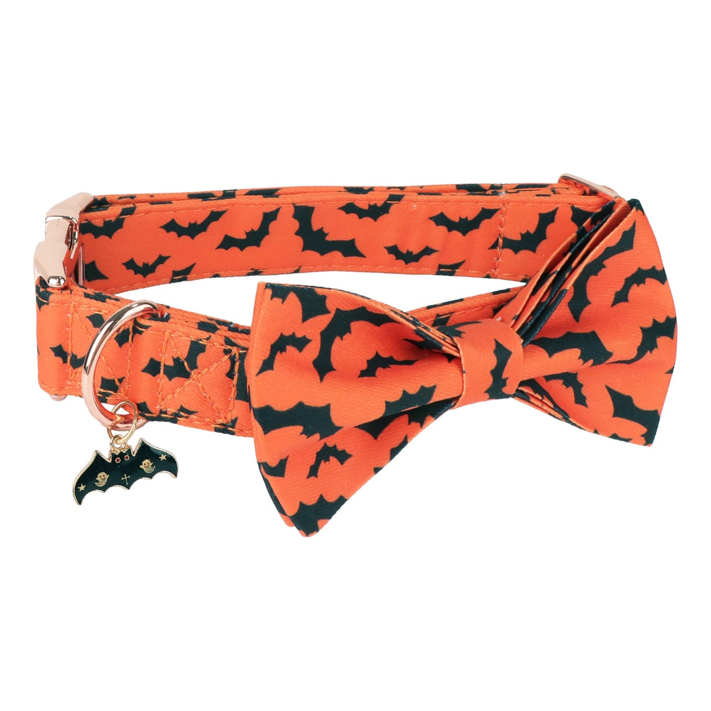 ADOGGYGO Halloween Dog Collar with Bow, Detachable Bat Print Bowtie Charm, Metal Buckle, Adjustable Orange Halloween Collars for Large Dogs Boy Girl (Large)