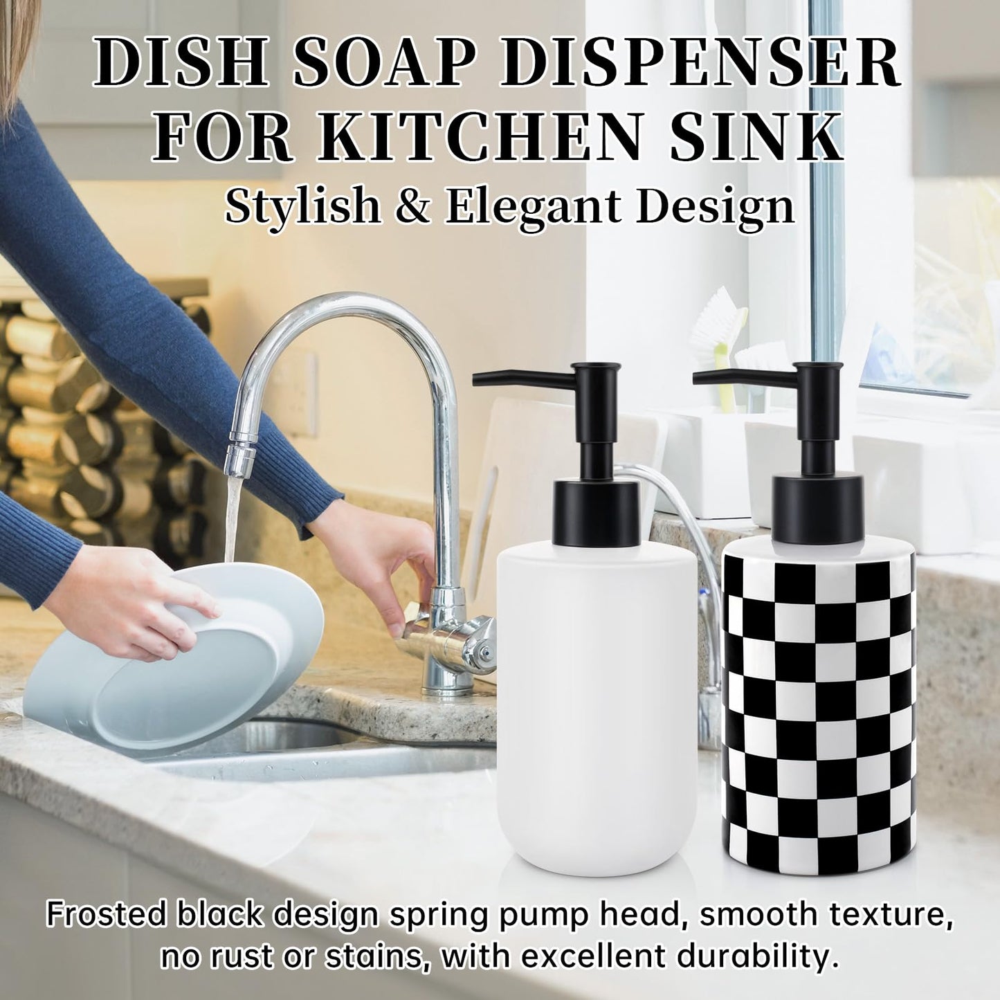 Soap Dispenser with Matte Black Pump, Ceramic Soap Dispenser Bathroom, Checkerboard Dish Soap Lotion Dispenser for Kitchen Sink, Black & White Plaid Refillable Liquid Hand Soap Bottle