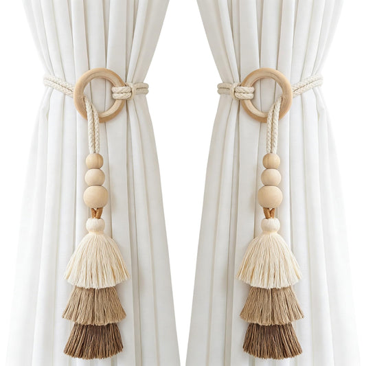 SPRFAIRY 2PCS Boho Curtain Tiebacks Handmade Rope Curtain Tiebacks Drapery Curtain Holdbacks for Indoor Outdoor Drapes Decorative (Beige)