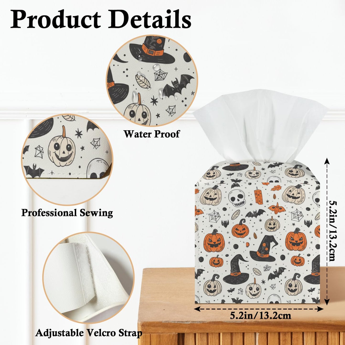 Halloween Spooky Tissue Box Covers Square, Leather Tissue Box Cover Decorative for Home Office Bathroom, Pumpkin Skull Square Facial Paper Organizer Halloween Home Decor - 043