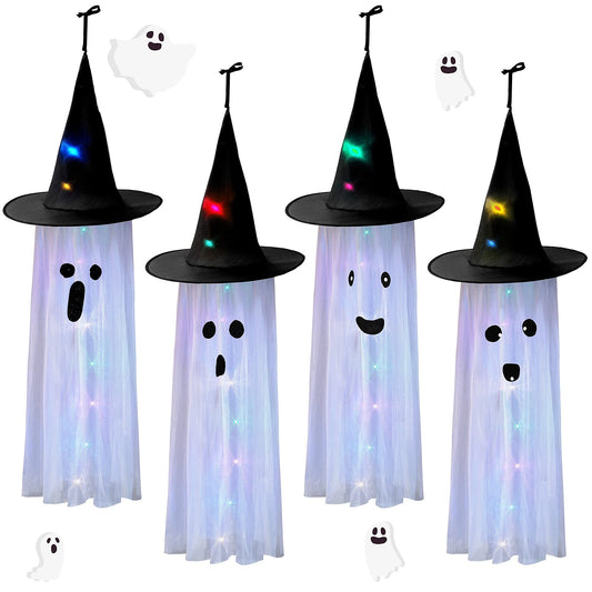 Honoson 4 Pcs 40 Inch Halloween Ghost Light Up Hanging Decor Cute Flying Ghost Party Decor Witch Hat Tree Hanging with Colorful LED Lights for Halloween Party Outdoor Yard Indoor (White,Classic)