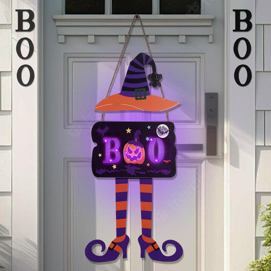 Halloween Witch Door Decorations With Timer Function, Light Up Wreath Boo, Plastic Hanging Decor Porch Sign Door Hanger For Front Door Wall Outdoor Indoor Decor