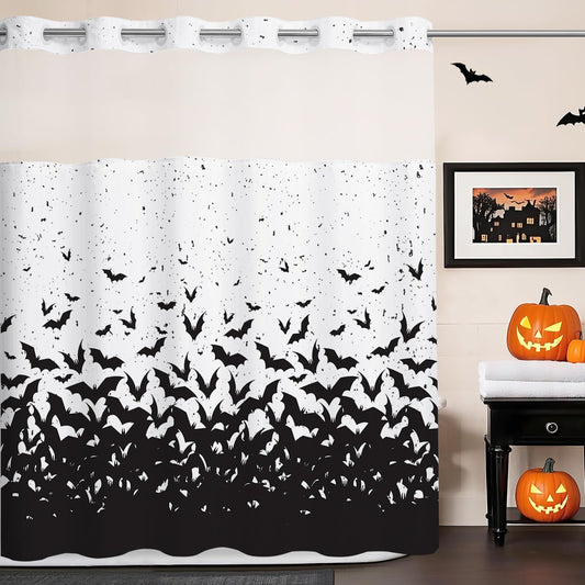 MEHOFOND No Hook Halloween Shower Curtain with Snap in Liner,Hookless Bat Shower Curtain,Black Flying Bat Horror Scary Halloween Bathroom Decor Waterproof Washable Polyester Fabric Curtain 71X74inch