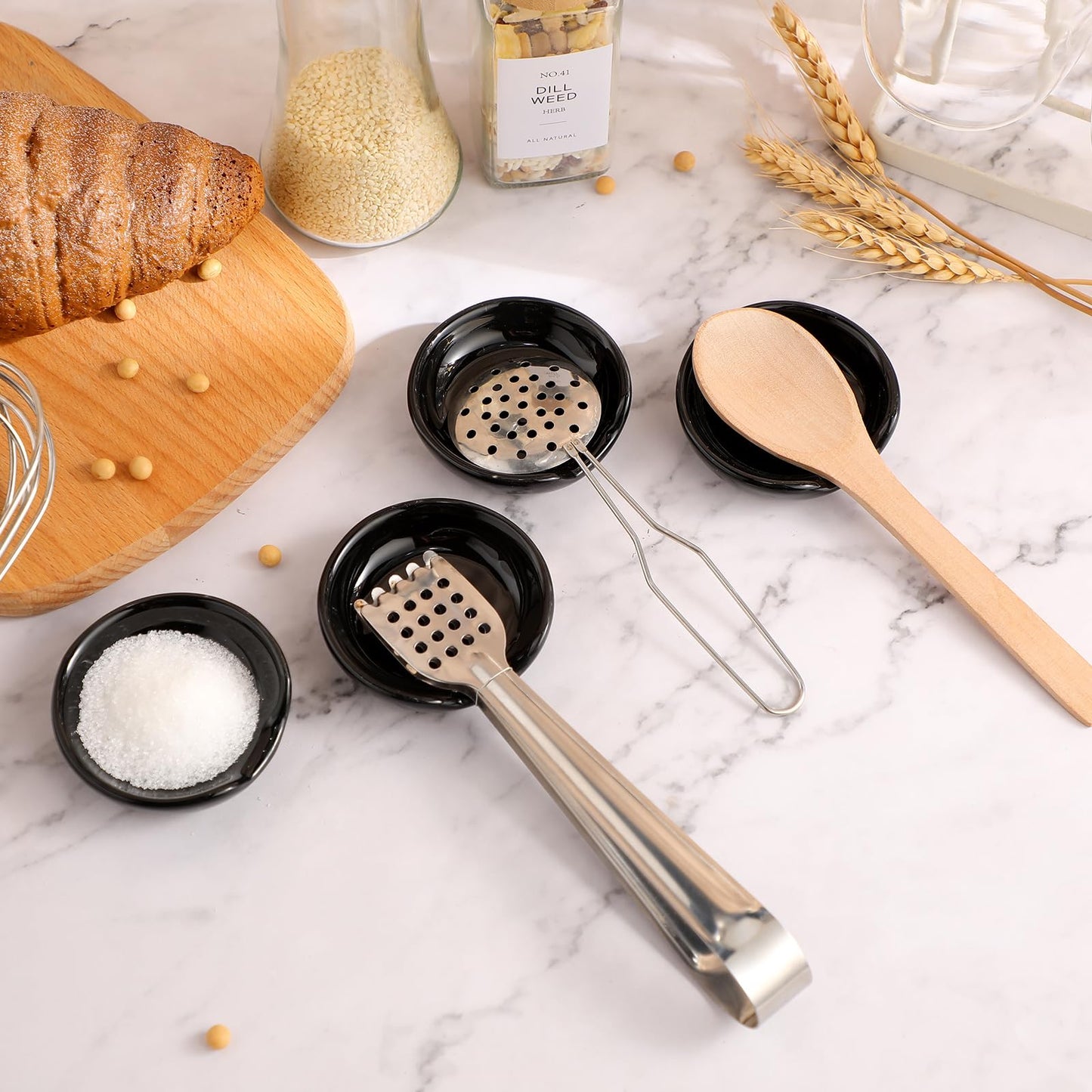 Boao 2.7 Inches Mini Ceramic Spoon Rests, Gold Rim Kitchen Spoon Rests, Mini Cooking Spoon Holder for Stove Top Countertop, Teaspoon Rest, Coffee Stir Spoon Rest (Black,4 Pieces)