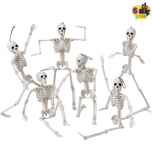 JOYIN 6 PCS 16" Halloween Skeleton Decor, Full Body Posable Movable Joints, Hanging Skeletons for Halloween Decoration Indoor Outdoor, Graveyard Haunted House Prop, Spooky Scene Party Favor