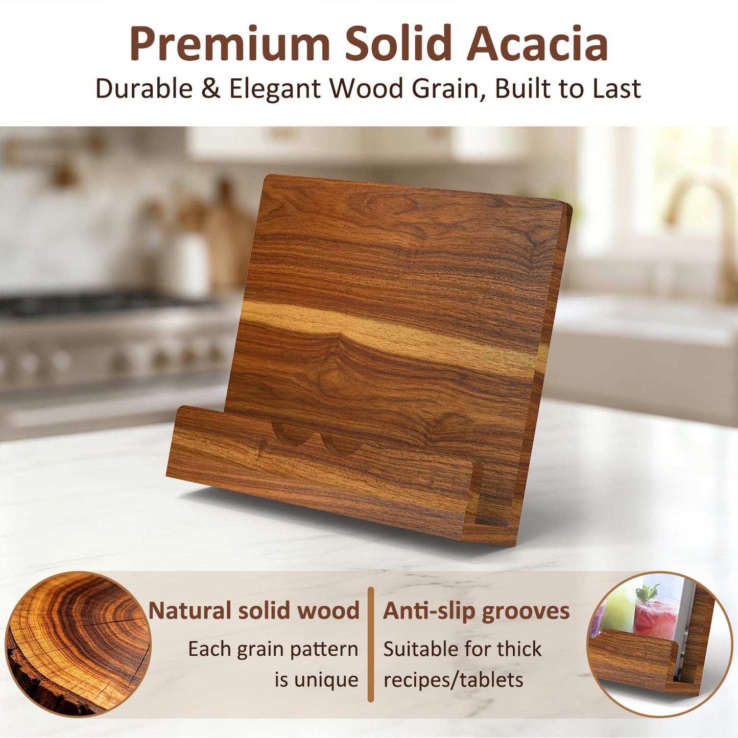 LWSFF Acacia Wood Cookbook Stand for Kitchen Counter | Adjustable Recipe Book Holder for Thick Cookbooks, Recipe Binders & Tablets, Solid Wood Kitchen Decor Gift for Home Cooks