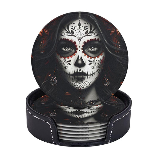 Sugar Skull Coasters with Holder Leather Coasters for Drinks Set of 6 Funny Halloween Drink Coasters Sets for Living Room Kitchen Coffee Bar Holiday Decor