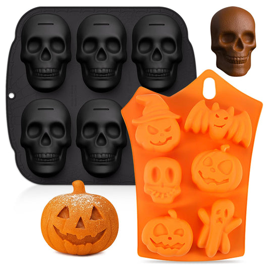 Qibiyuu Halloween Skull Cake Pan & Pumpkin Silicone Molds Set – 6 Cavity 3D Skull Baking Pan + 6 Halloween Shape Silicone Molds (Pumpkin, Ghost, Bat) for Cakes, Chocolate, Candy, DIY Party Baking