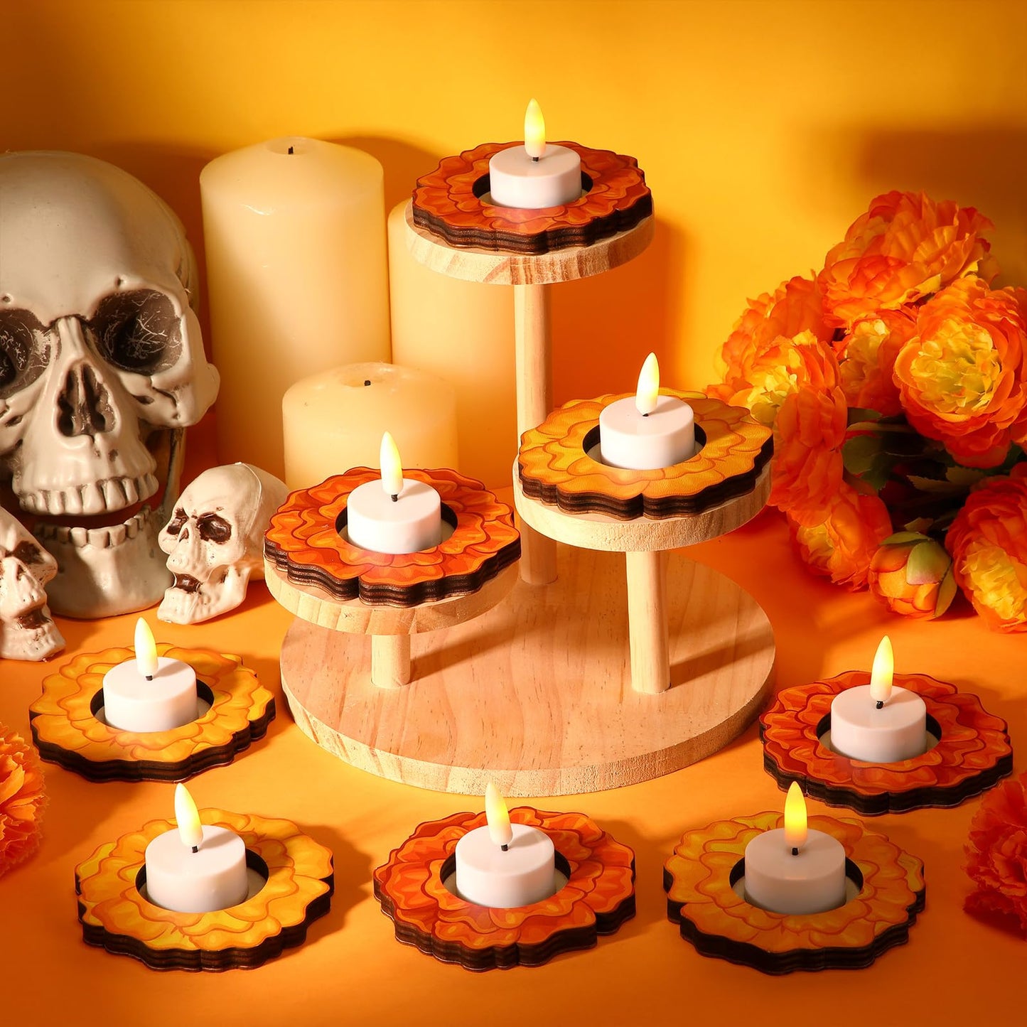 LemonRoad 12 Pcs Dia De Los Muertos Wooden Candle Holders Day of The Dead Marigold Home Table Decor for Mexican Party Day of The Dead Altar Decorations Remembrance Supplies Halloween Party Favors